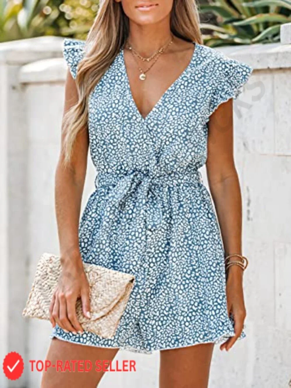 Womens V Neck Floral Romper Belted Cap Sleeve Mini Jumpsuit Polyester